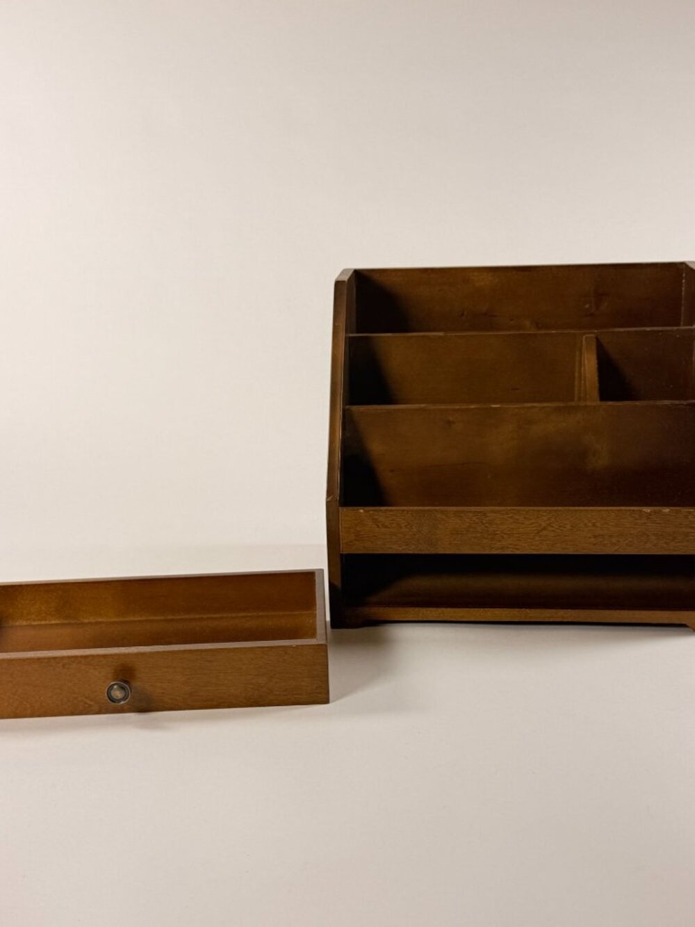 Vintage Eldon Wood Desk Organizer With Drawer & Compartments Rustic Office Decor